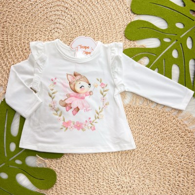 Conj. Colete Puffer Flores, Blusa Raposa Fadinha e Calça Legging - Pink e Off White